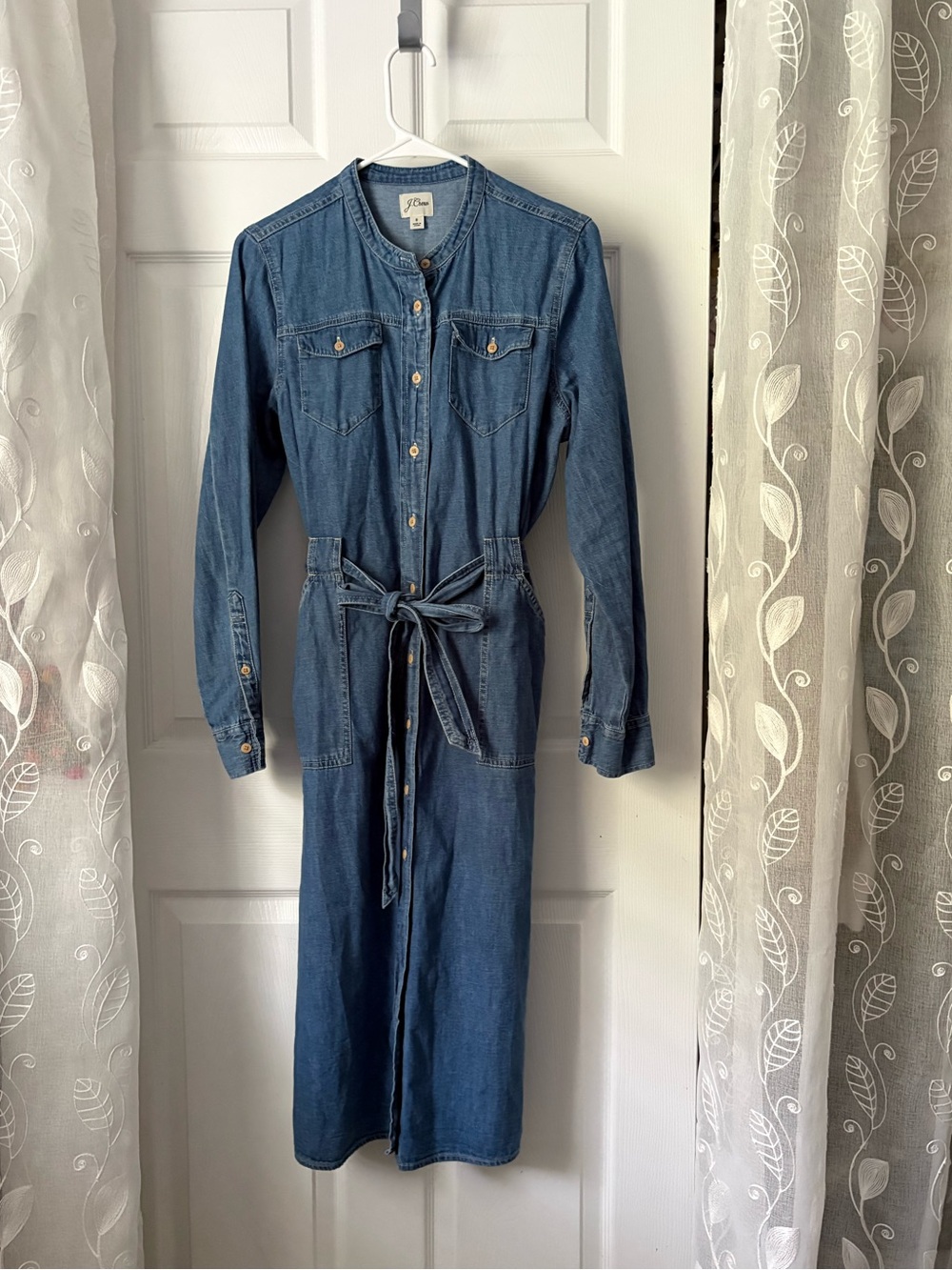 J. Crew western Denim Shirt midi Dress button front belted pockets cotton size 8